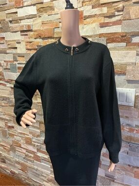 St. John  Cashmere Black Knit Zip Cardigan with Gold Accents